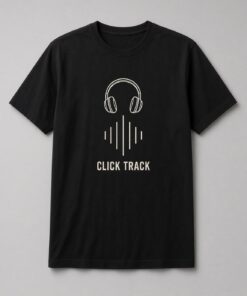 Click Track Headphones unisex t-shirt in black with studio headphones and sound wave bars