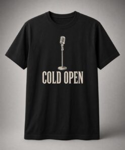 Cold Open Vintage Microphone unisex t-shirt in black with vintage microphone on a stand and tall lettering
