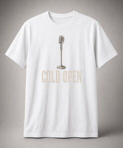 Cold Open Vintage Microphone unisex t-shirt in white with vintage microphone on a stand and tall lettering