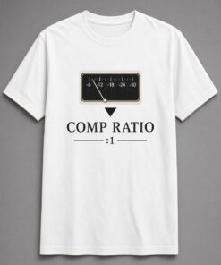 Comp Ratio Compressor Meter unisex t-shirt in white with analog compressor gain-reduction meter