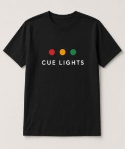 Cue Lights Backstage unisex t-shirt in black with red, amber and green cue light dots