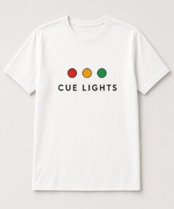 Cue Lights Backstage unisex t-shirt in white with red, amber and green cue light dots